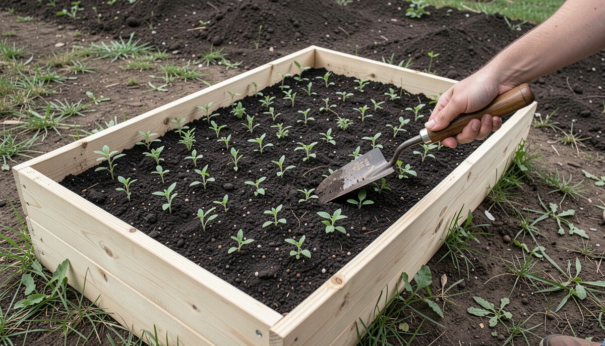 Et nyetableret urtebed i rektangulære rammer af træ med små plantesætninger i rækker, en hånd med planteskole og jord på støvlerne.