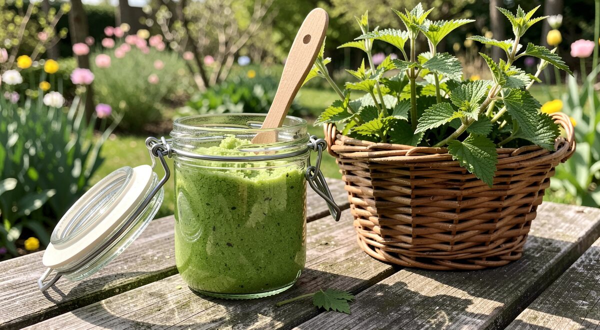 Grønt brændenældesalt i et glas med en ske ved siden af, og friske brændenældeskud i en kurv på et havebord om foråret.