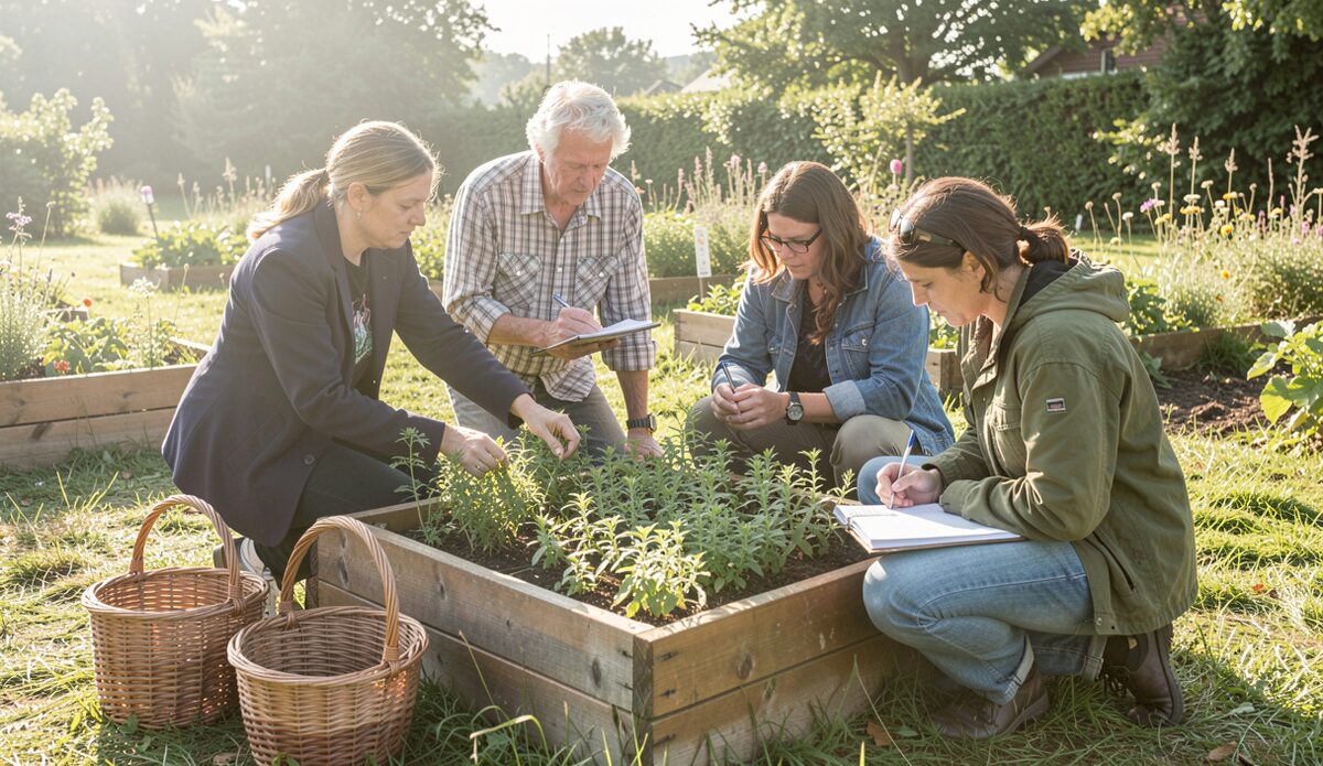 En lille gruppe mennesker omkring et bed med krydderurter en formiddag, en af dem rækker ud efter en plante mens en anden skriver i en notesbog.
