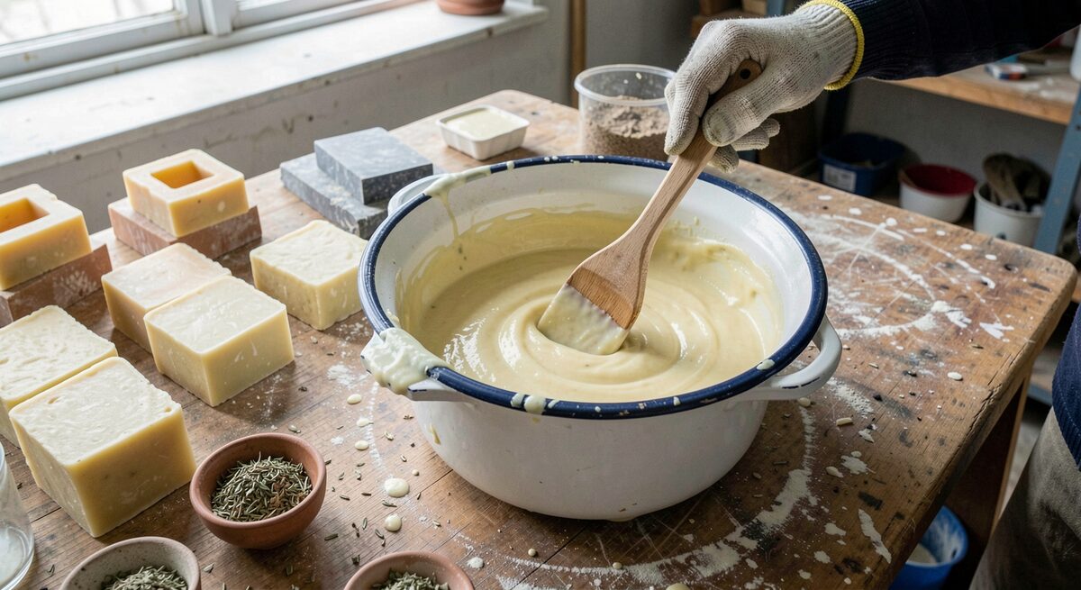 En gryde med lysegul sæbemasse der røres på et værkstedsbord, med forme, urteskåle og en hånd i gummihanske der holder en røreske.