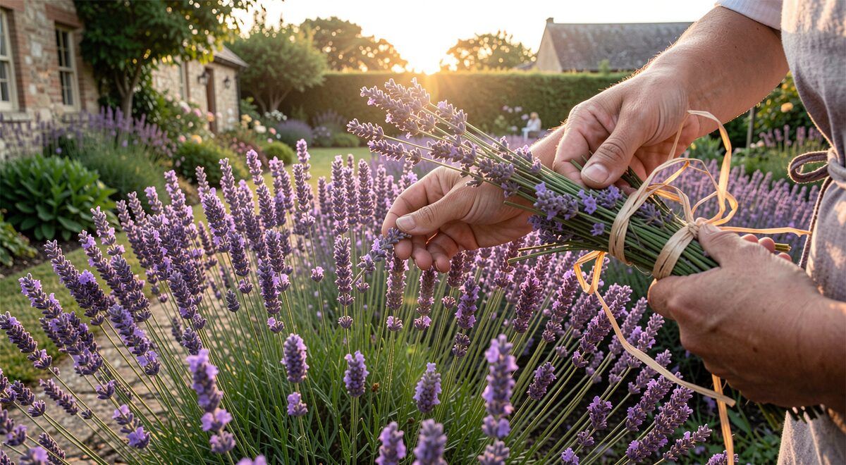Lavendelrækker i fuld flor set langs bedet en klar morgen, med hænder der binder et bundt blomster sammen med rafie.