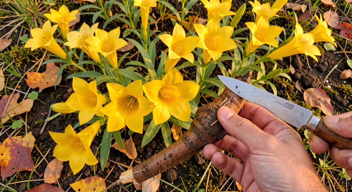 Nærbillede af ensians dybe gule blomster i et bed, med en hånd der holder et rodstykke og en kniv ved siden af.