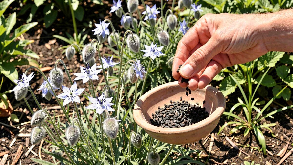 Sortkommens fine blå-blomstrede blomster og oppustede frøstande i et solrigt bed, med en hånd der ryster tørre sorte frø ud i en skål.